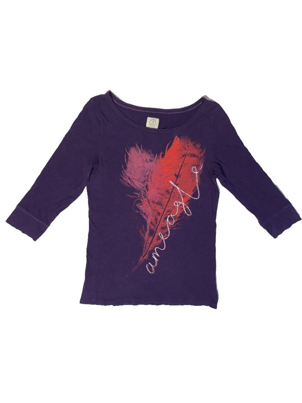 American Eagle Vintage Tee Purple Feather Graphic Tshirt = XL 3/4 Sleeve
